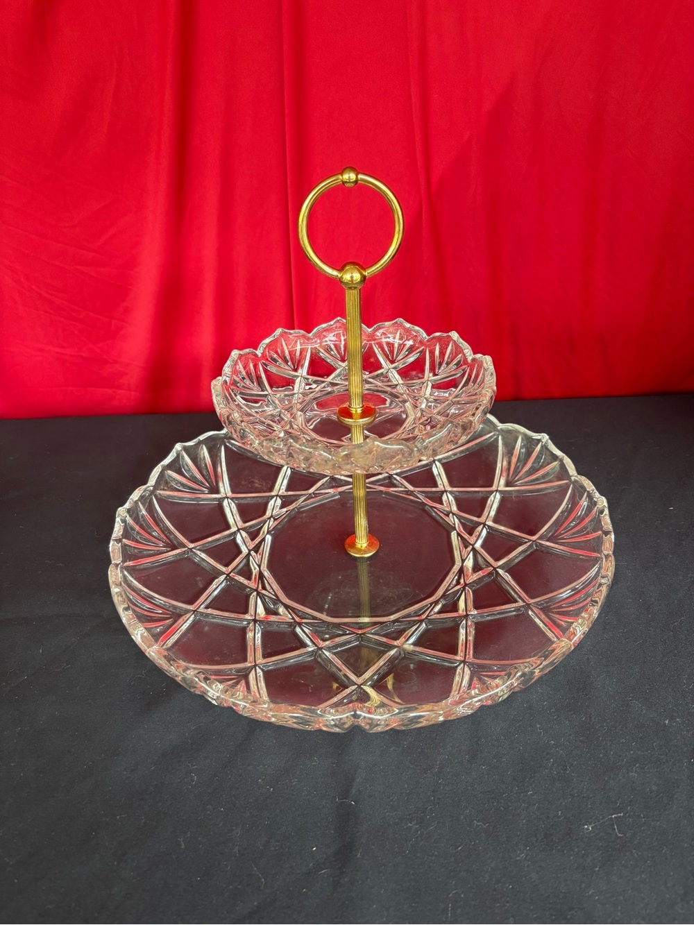 American Vintage Clear Glass Two-Tier Serving Stand with Gold Handle